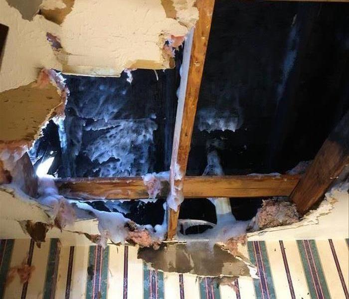 Ceiling framing exposed due to a fire damage.  Striped wallpaper wall and the ceiling has insulation hanging from the framing
